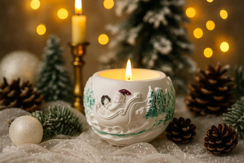 Decorative candle in a white holder with Christmas design, surrounded by pine cones and lights.