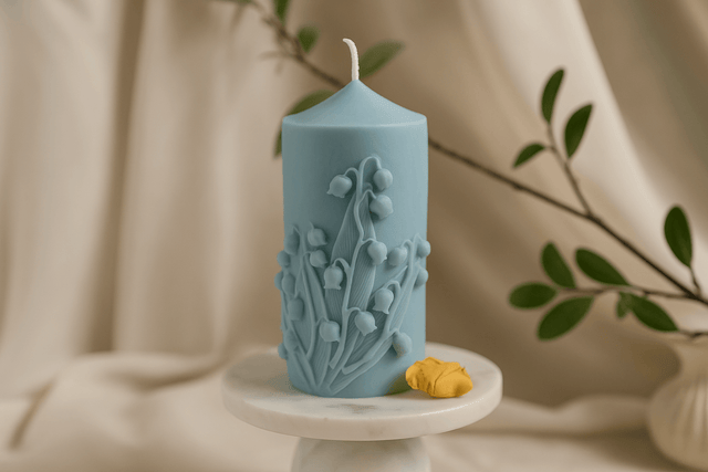 Blue candle with floral design on a white pedestal against a beige curtain background