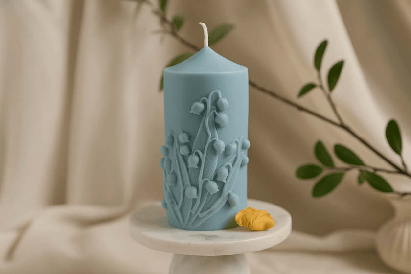 Blue candle with floral design on a white pedestal against a beige curtain background