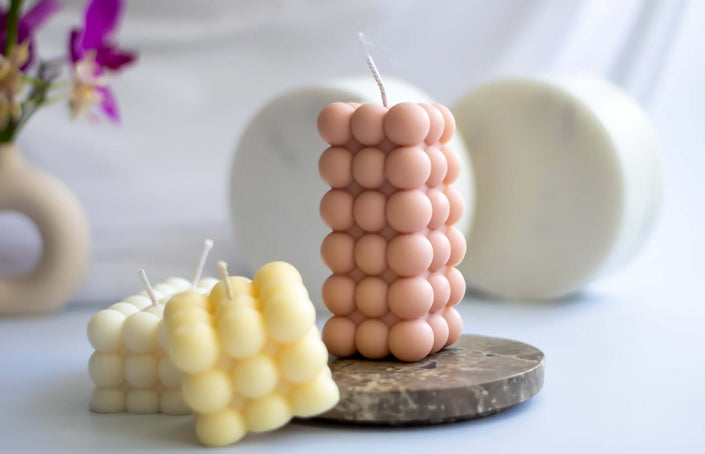 Scented soy wax bubble candle – aesthetic sculptural cube for gifting or home styling.