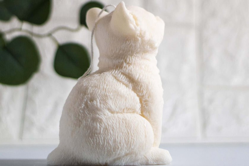 Scented soy wax candle shaped as a kitten – cute and clean-burning handmade gift idea.