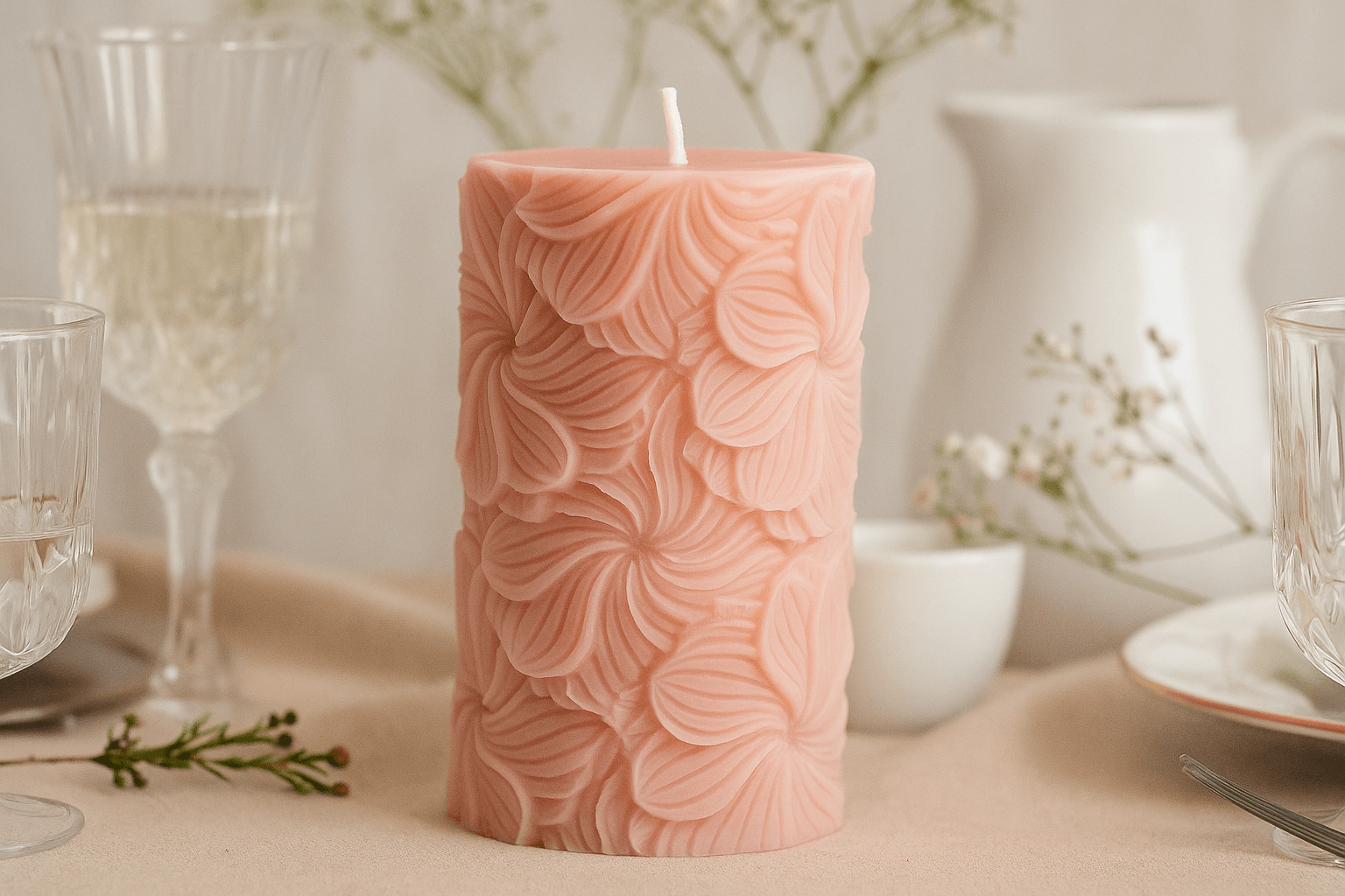Sculptural Garden Pillar candle displayed on a tabletop, adding a romantic and nature-inspired aesthetic to any space.
