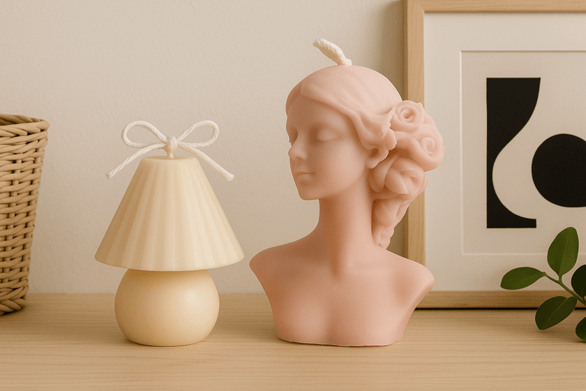 Decorative woman bust candle and mushroom lamp candle on tabletop