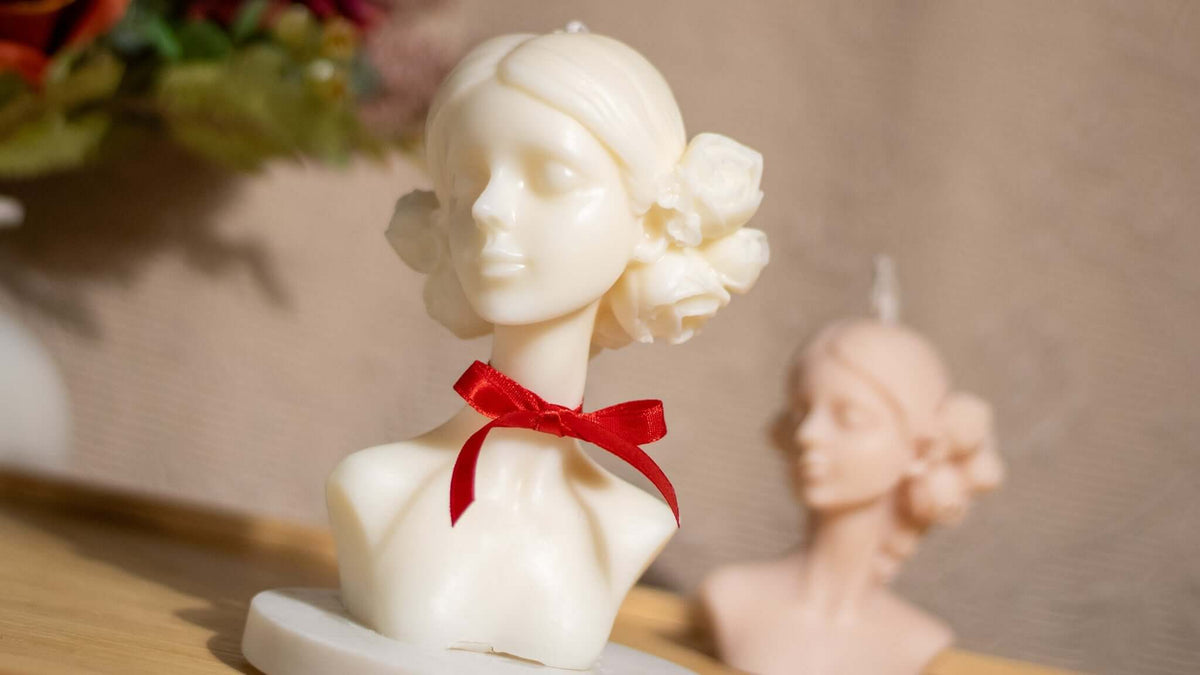 large-lady-with-flowers-candle-handmade-soy-wax-sculpture-feminine-floral-candle-art-unique-gift-for-her-romantic-elegant-home-decor - lit candle