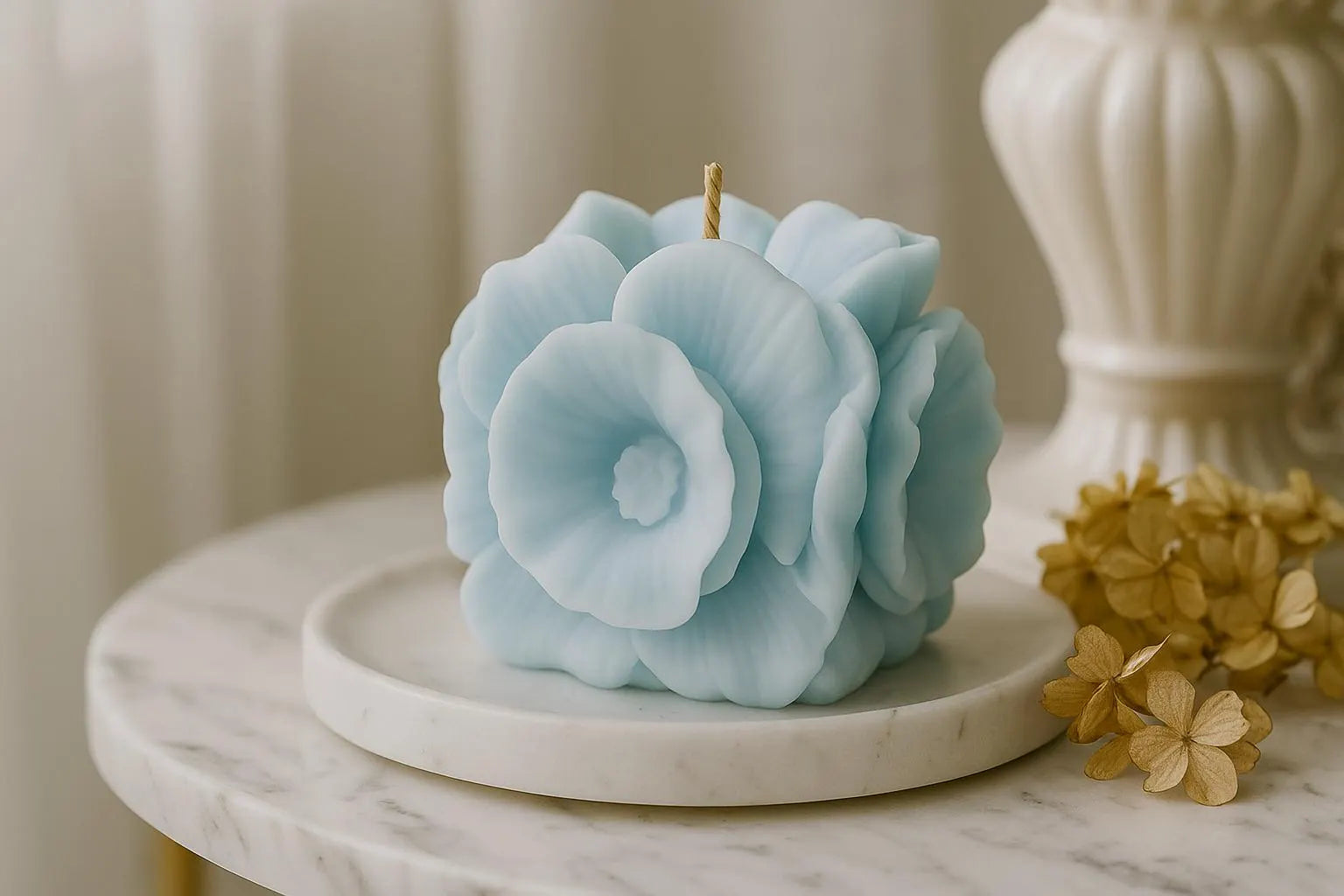 Blue flower-shaped candle on a marble surface with a blurred background