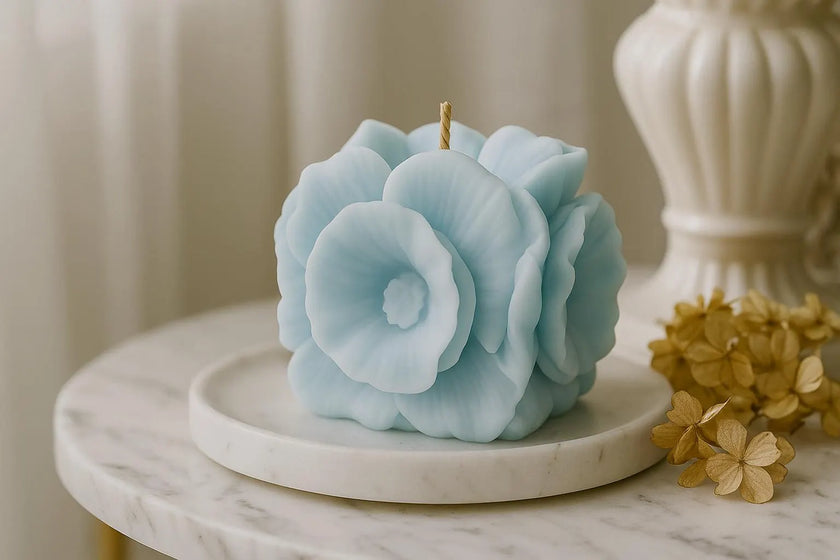 Blue flower-shaped candle on a marble surface with a blurred background