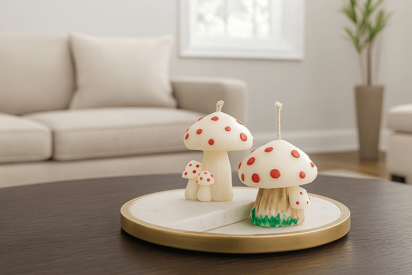 Sculptural soy wax toadstool candle with red wax dots, hand finished and safe for children and pets.