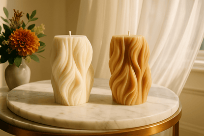 Sculptural wavy soy scented candle – minimalist handmade decor for modern calm interiors.