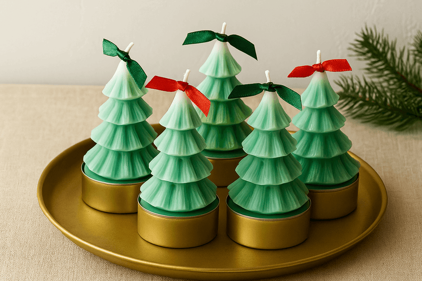 Set of Christmas tree-shaped candles on a gold tray with a neutral background