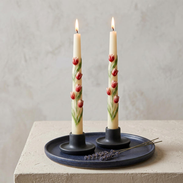 Set of Floral Taper Candles – Red Dinner Candles – front view