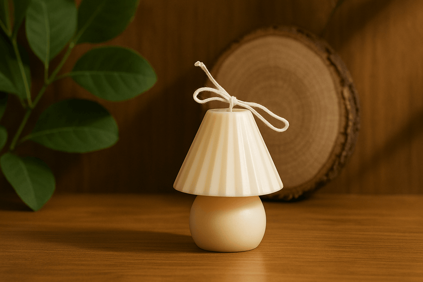 Small mushroom-shaped candle on a wooden surface with a plant in the background