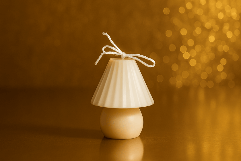Small white mushroom candle on a reflective surface with a warm, blurred background