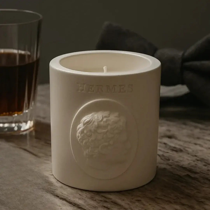 Hermes candle with a glass of dark liquid on a textured surface