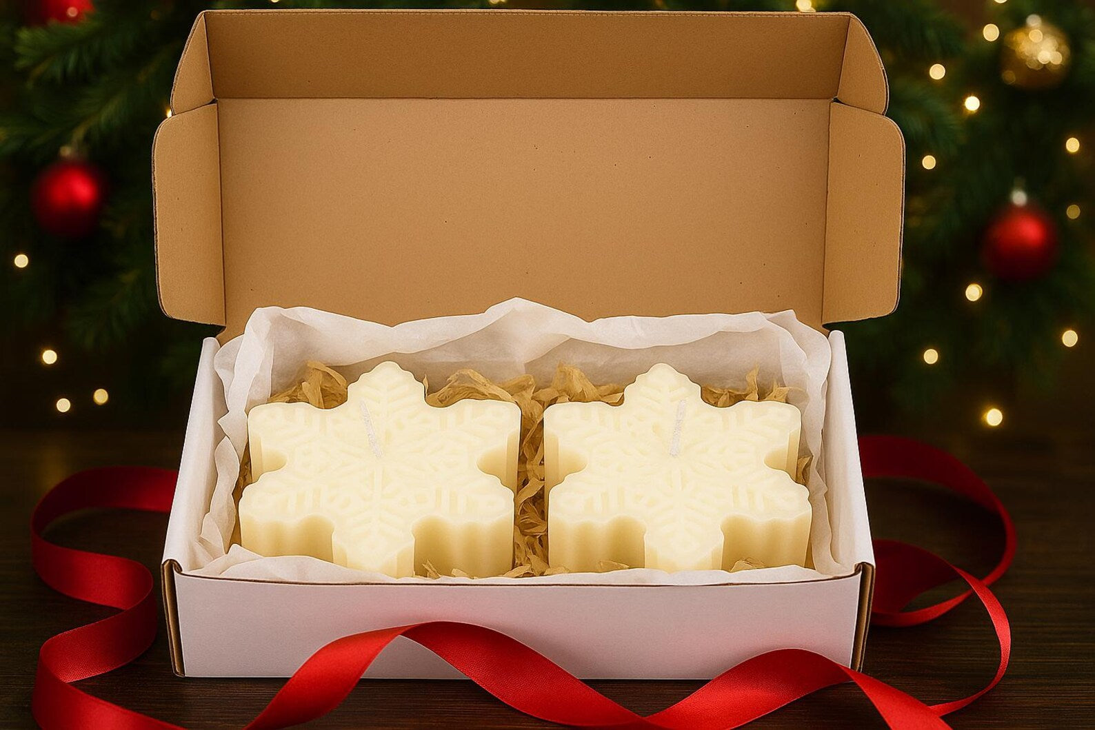 Snowflake-shaped candles in a box with a Christmas tree in the background