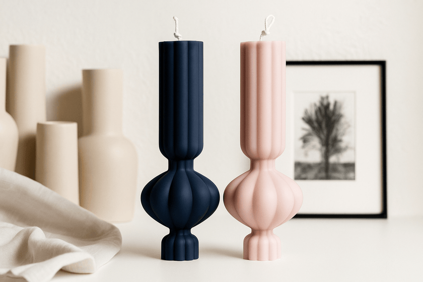 Two decorative candles, one navy and one pink, on a light surface with a framed picture in the background.