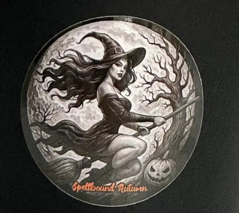 Spellbound Autumn candle with vintage witch illustration – limited edition Halloween soy candle