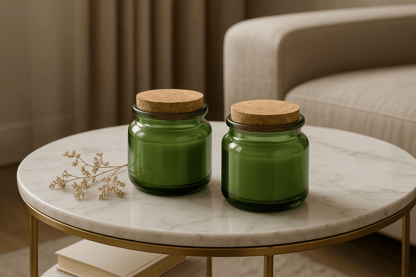 Two eco-friendly soy candles in green jars with cork lids on a marble coffee table.