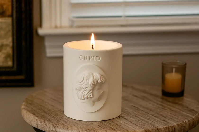 Candle labeled 'Cupid' on a wooden surface with a blurred background