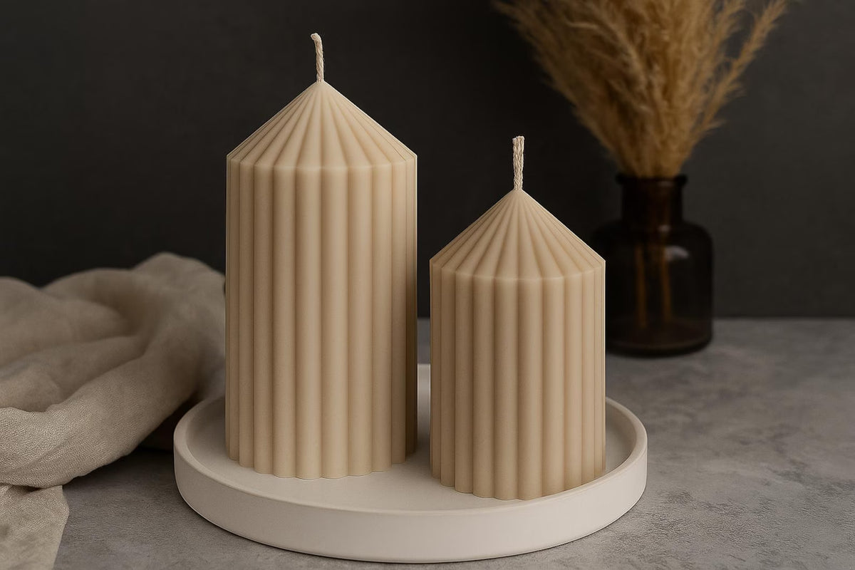 Elegant Cylindrical Pillar Knot Ribbed Candle Set of 2 soy wax candle — styled display