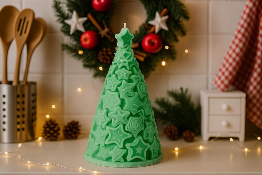 Green tree-shaped candle on a kitchen counter with festive decorations in the background