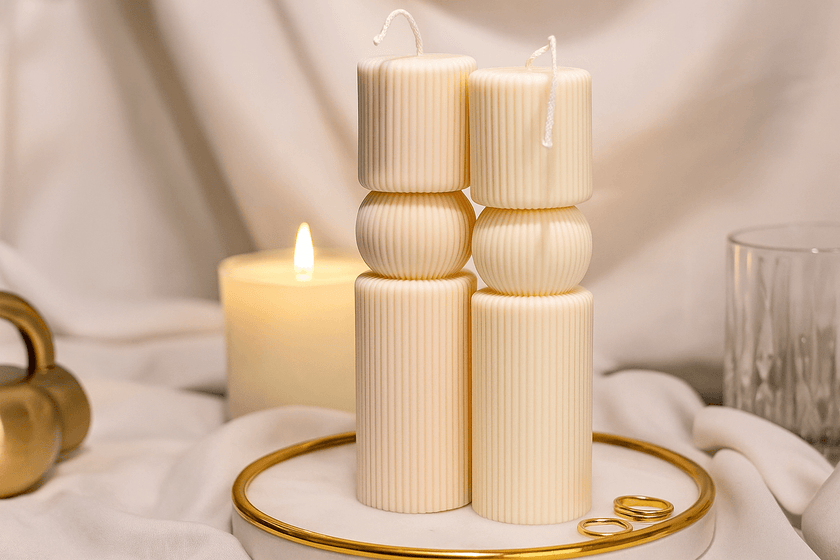 Three cylindrical candles on a decorative stand with a soft background