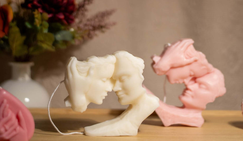 The Lovers Candle – soy wax sculpture of two embracing figures, clean-burning and hand-poured with calm intention.

