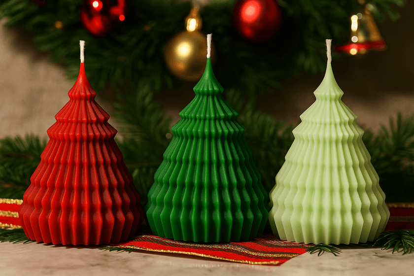 Three Christmas tree-shaped candles in red, green, and white on a table with a decorated background.