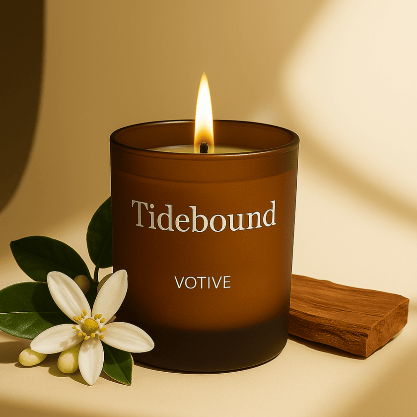 Tidebound orange blossom soy candle in frosted glass jar with wood lid