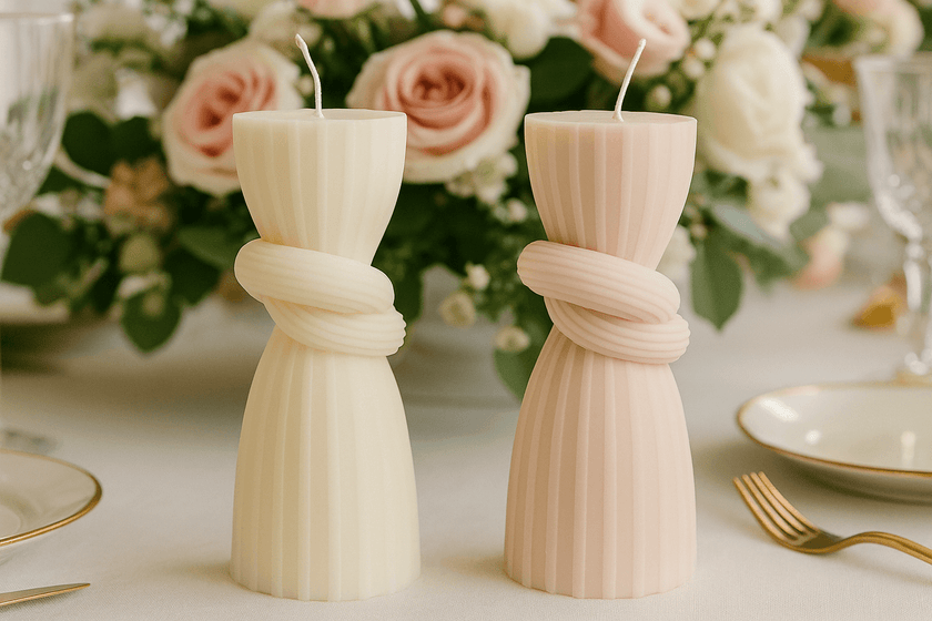 Two twisted candles on a table with floral decorations