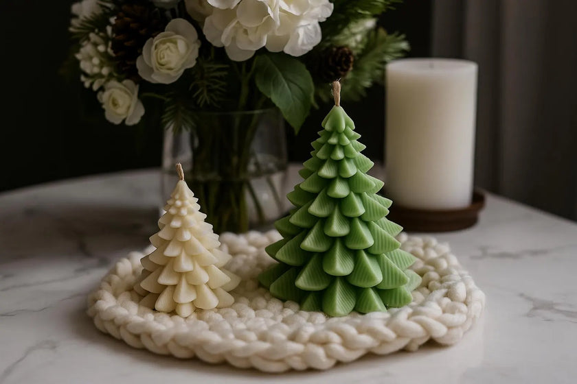 Two Christmas tree-shaped candles on a textured surface with flowers and a candle in the background.
