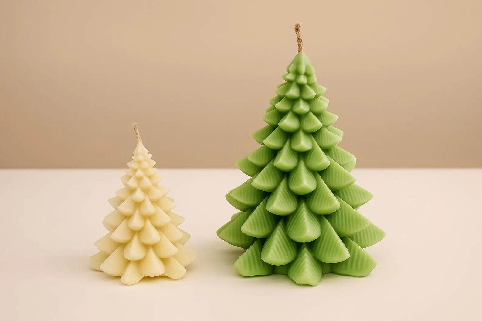 Two Christmas tree-shaped candles, one beige and one green, on a beige background.