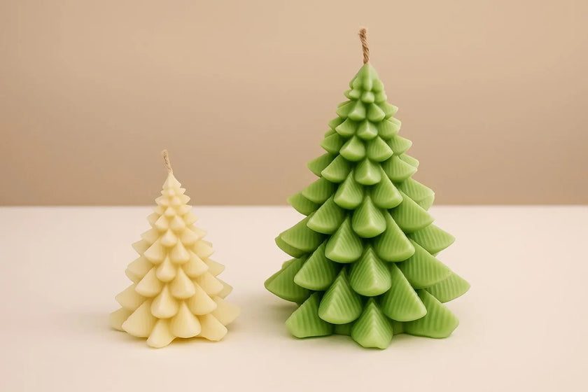 Two Christmas tree-shaped candles, one beige and one green, on a beige background.
