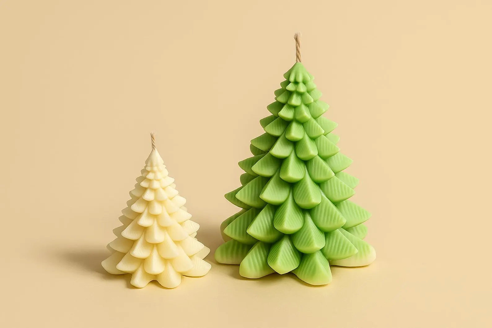 Two Christmas tree-shaped candles, one white and one green, on a beige background.
