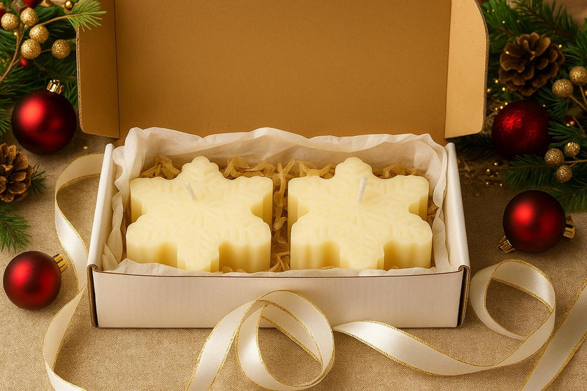Two snowflake-shaped candles in a box with Christmas decorations around.