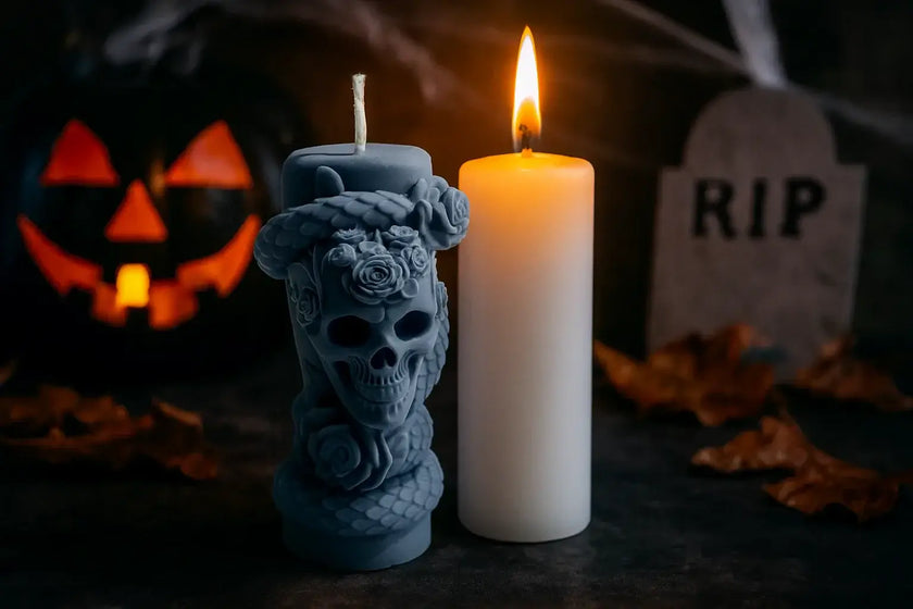 Black skull candle and white candle with a jack-o'-lantern and tombstone in the background