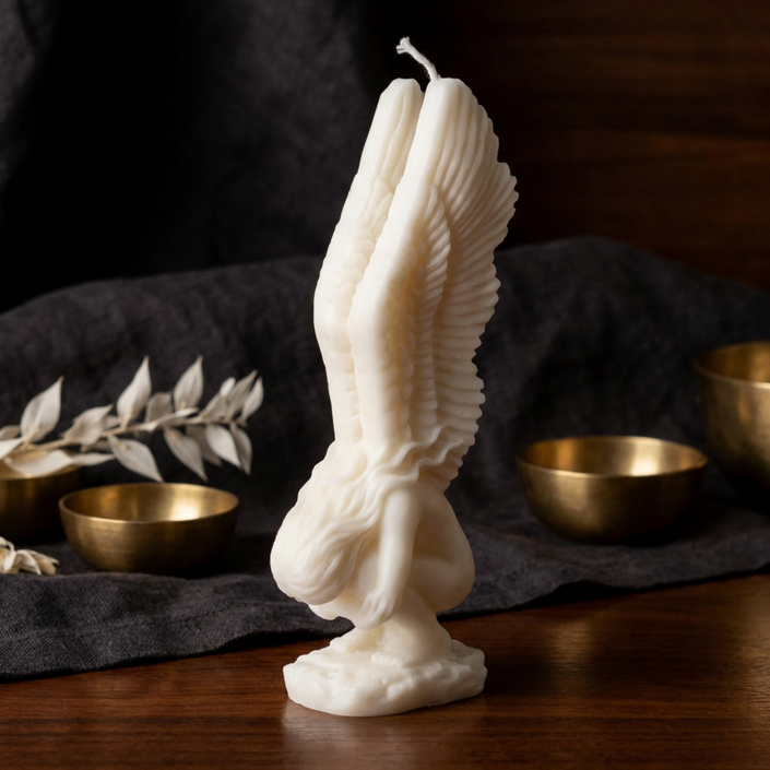 angel-wings-candle-handmade-soy-wax-sculpted-angel-hugging-many-colors-scents-spiritual-decor-memorial-gift-relaxing-home-accent - lit candle