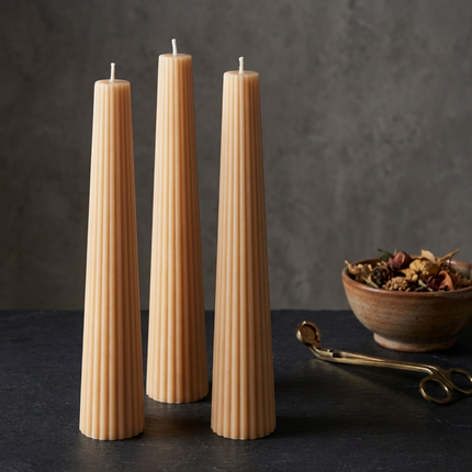 Handmade Ribbed Soy Pillar Candle: Hand-Poured Sculptural Home Decor Soft Colors Candles - lit candle