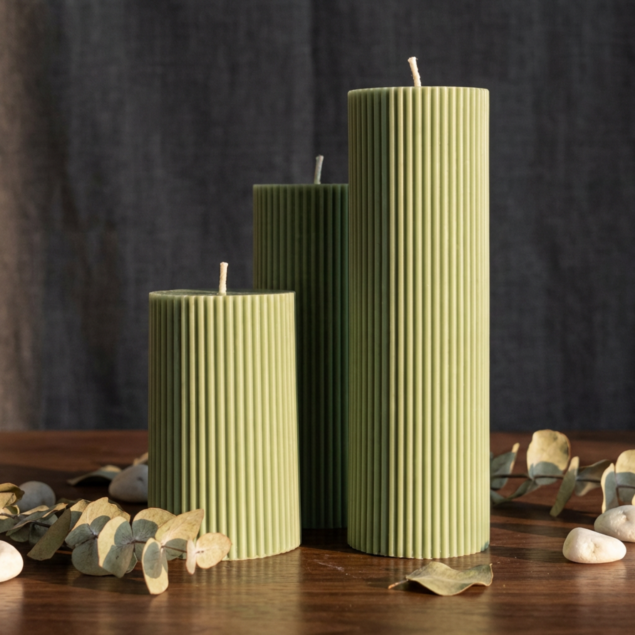 Set of 3 Textured Ribbed Pillar Candles soy wax candle — detail view
