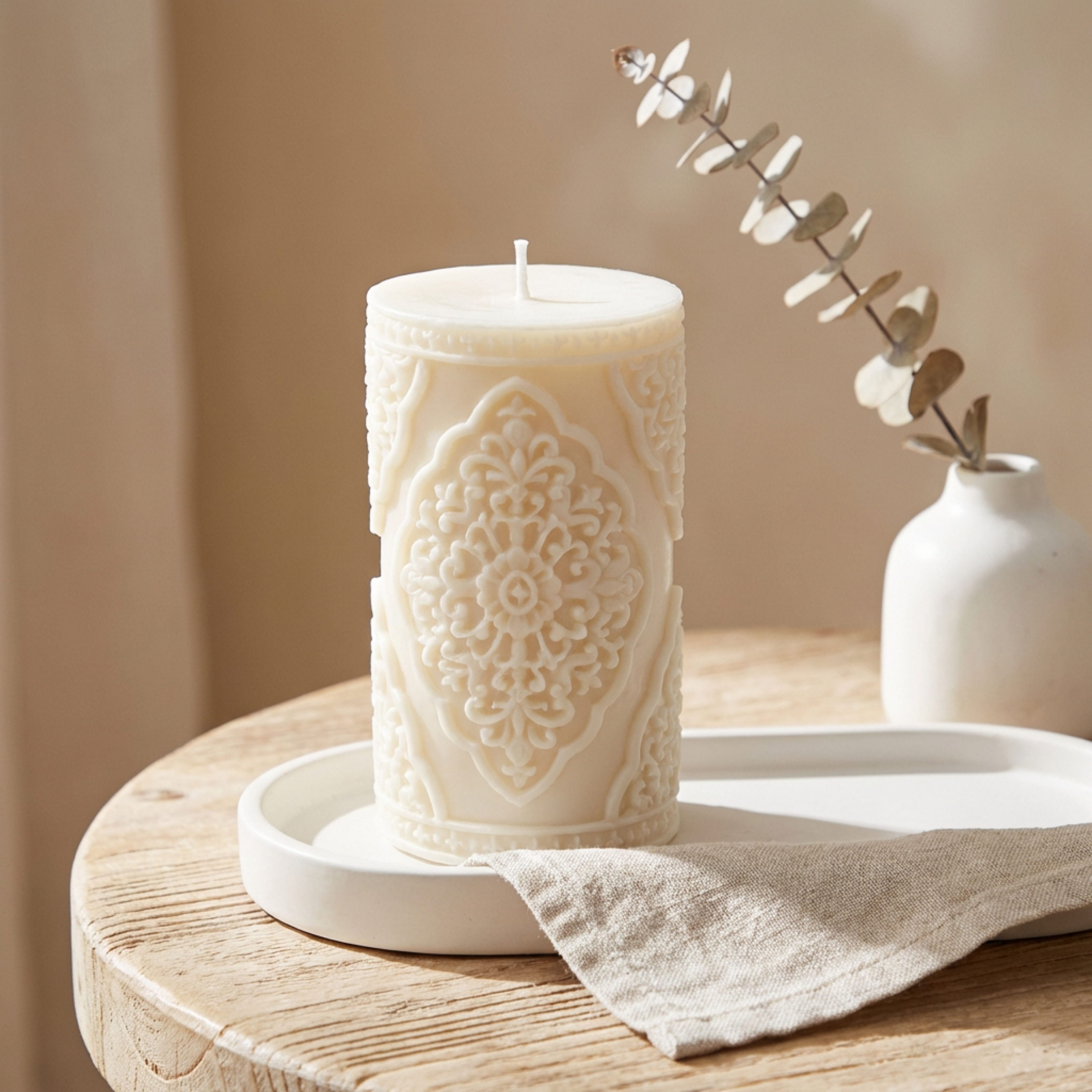 Large Vintage Lace Pillar soy wax candle — lit candle