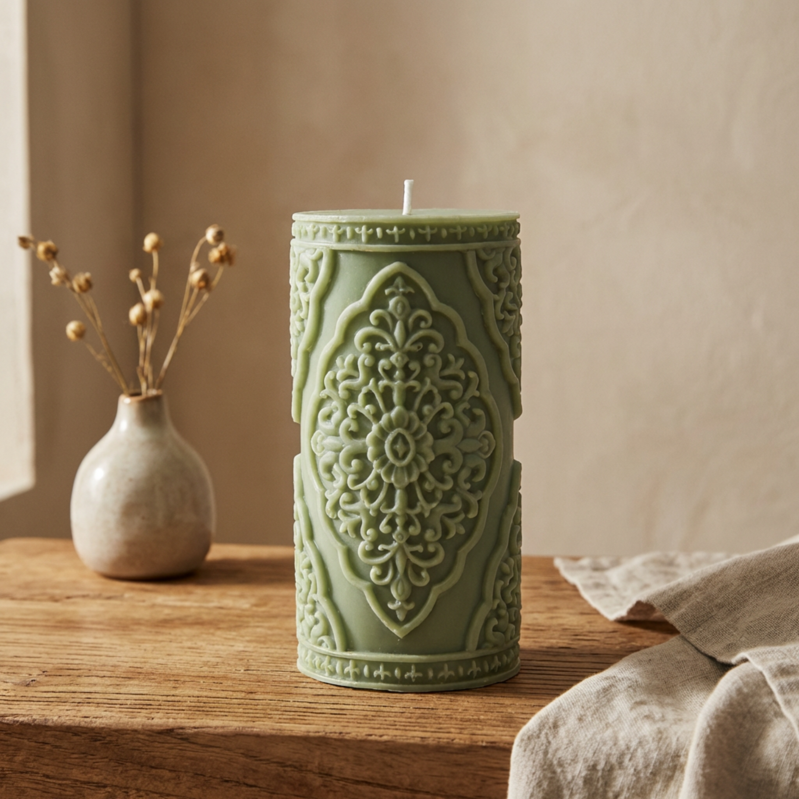 Large Vintage Lace Pillar soy wax candle — detail view