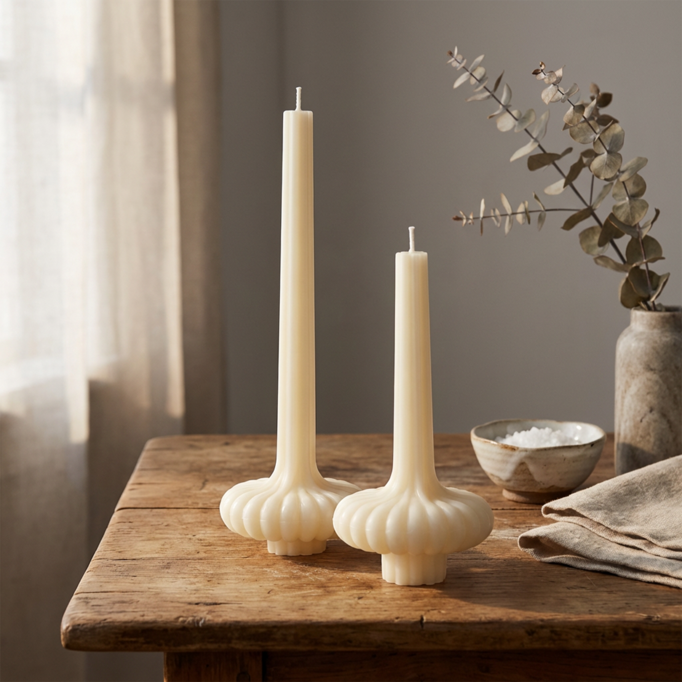 Set of 2 Large Striped Vase Pillar soy wax candle — lit candle