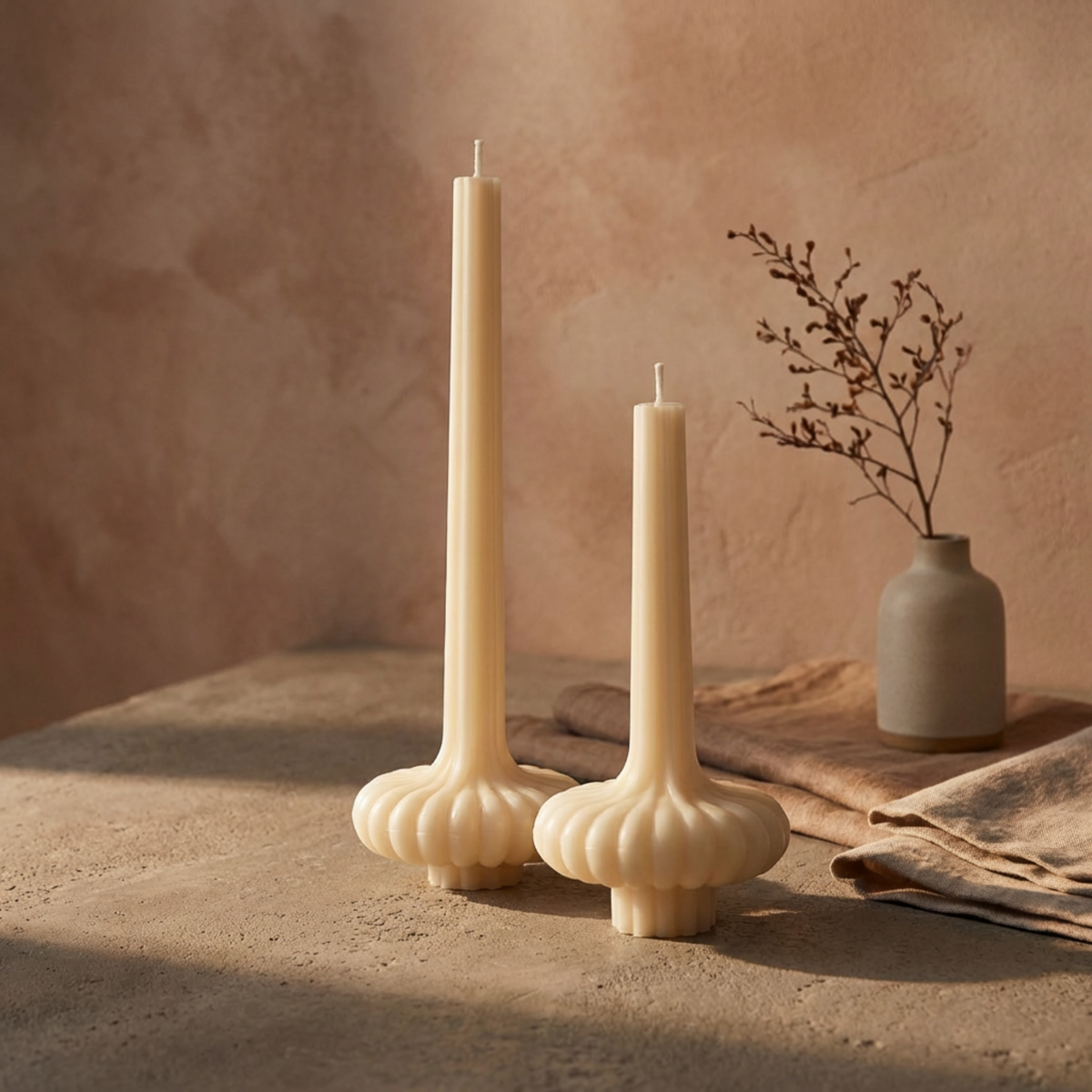 elegant-large-striped-pillar-candles-stylish-home-accent-oversized-design-for-modern-spaces-perfect-wedding-candle-gift-for-her - lit candle