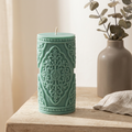 Medium Vintage Lace Pillar Candle soy wax candle — lit candle