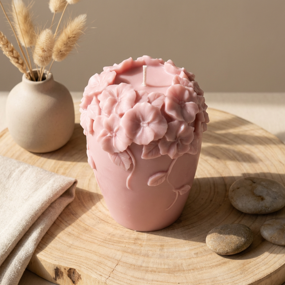 Flowers Blossom Soy Candle, Elegant Floral Embossed Pillar Candle, Calming Scented Gift for Birthdays, 