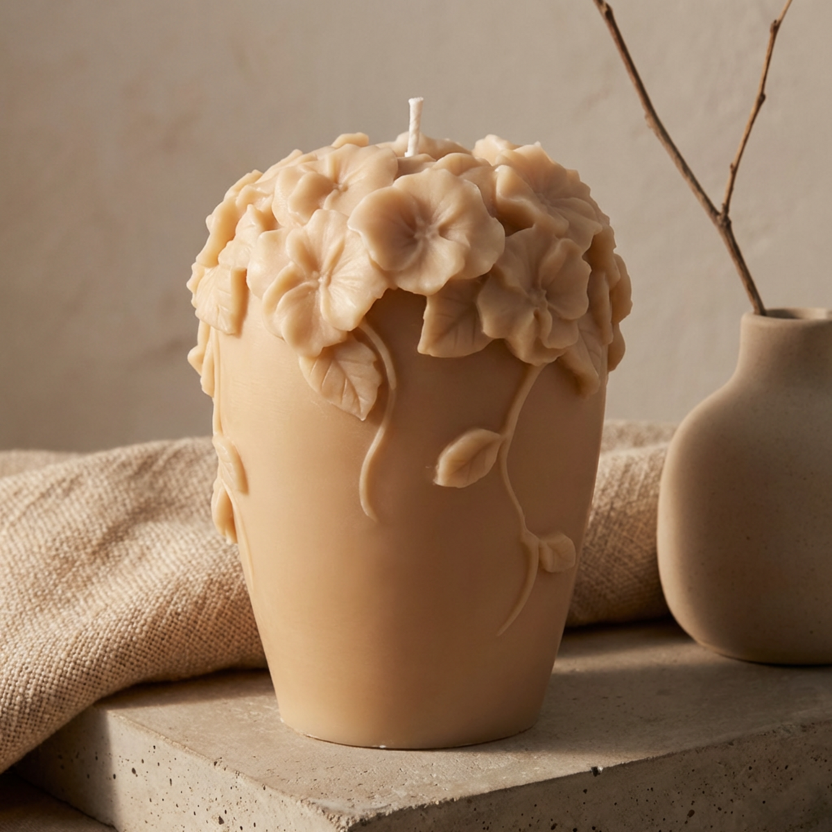 Flowers Blossom Soy Candle, Elegant Floral Embossed Pillar Candle, Calming Scented Gift for Birthdays, 