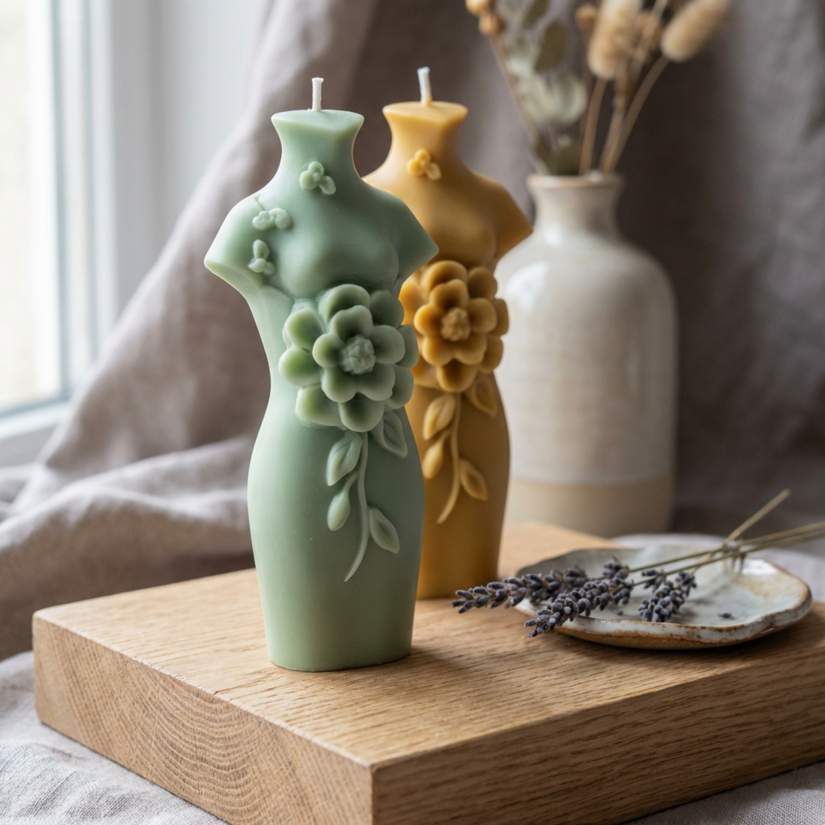 Goddess Bust Sculpture-  Handmade Soy Wax Candle: Floral Body Art Decor