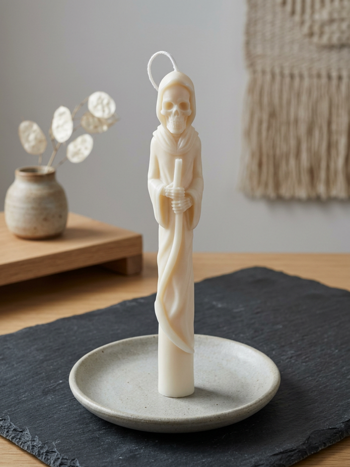 Grim Reaper Sculptural Soy Wax Taper Candle — Gothic Halloween Decor, Spooky Home & Altar Candle