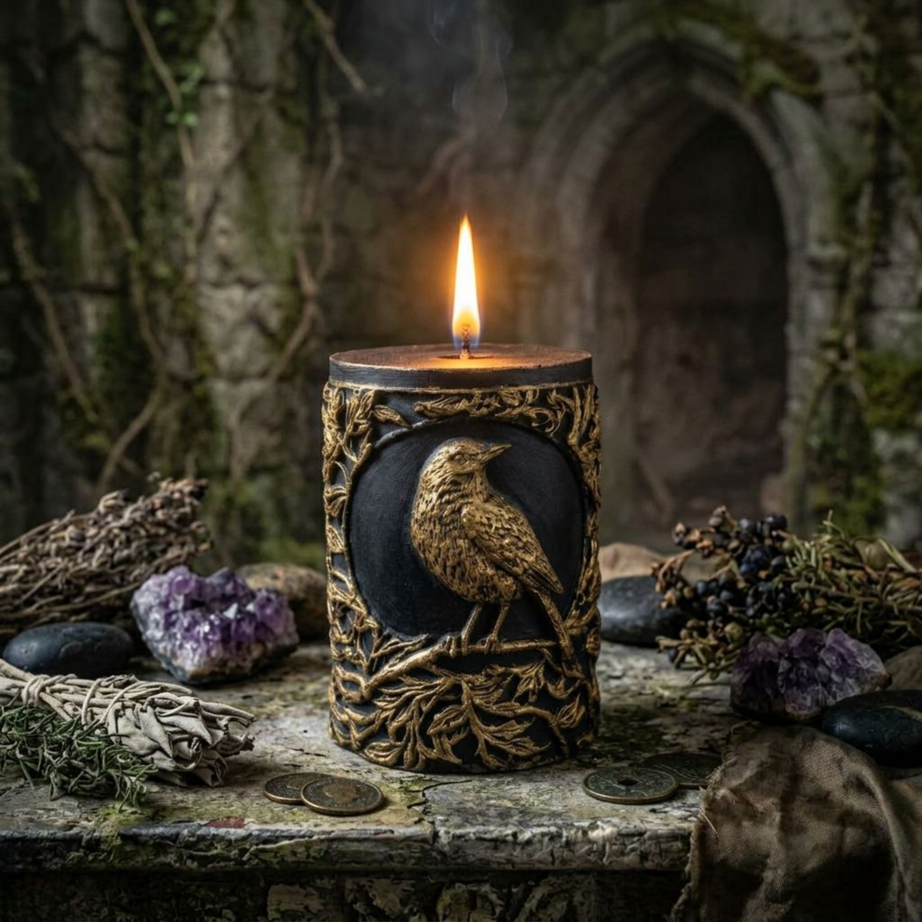 Raven Pillar Candle, Gothic Soy Wax Candle, Crow Candle Decor, Dark Academia Handmade Sculptural Gift