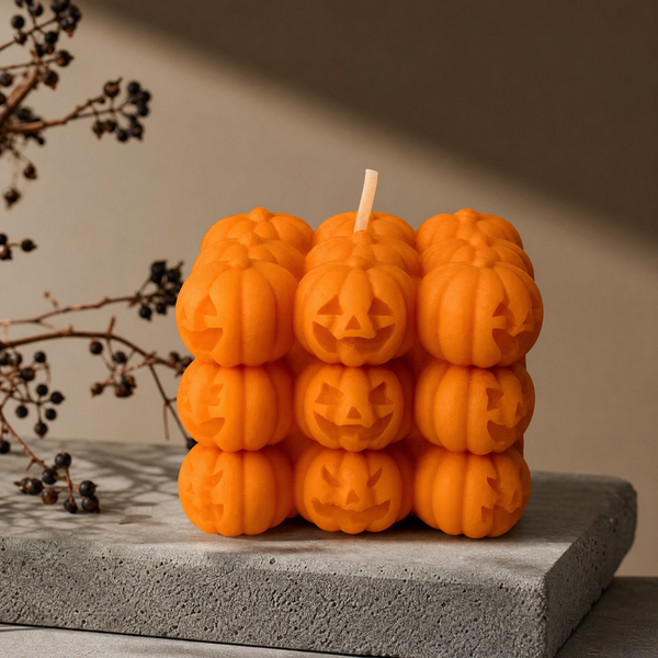 Jack O Lantern Soy Wax Candle in Pumpkin Cube Shape