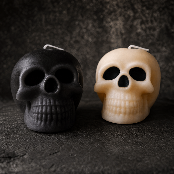 Two skull-shaped candles on a dark textured surface, one matte black and one creamy beige, each with a white wick.